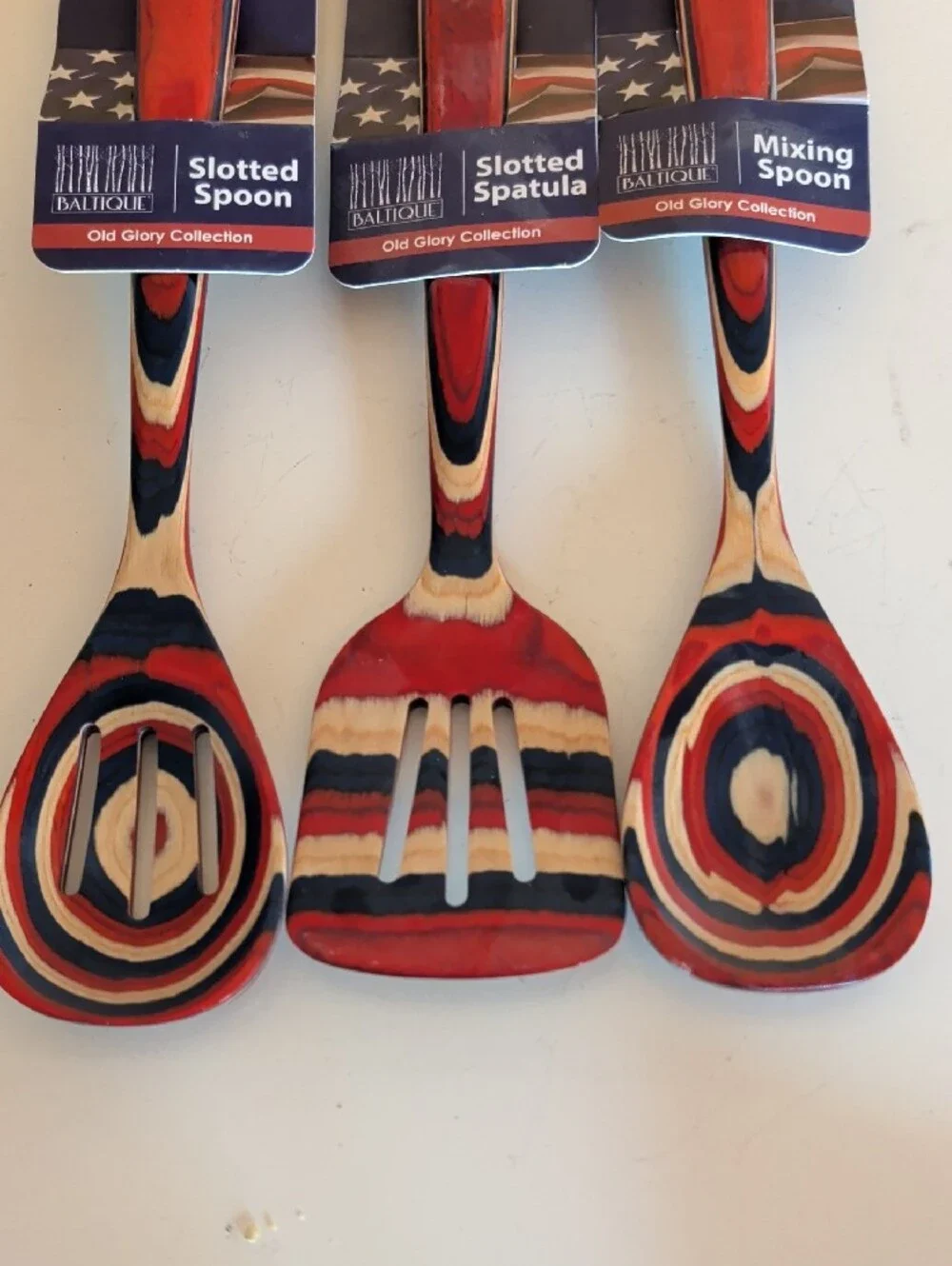 NWT. Old Glory Collection Red Navy Striped Wooden Kitchen Utensils Set - 3pc